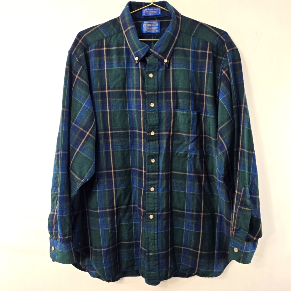 Sir Pendleton Virgin Wool Plaid Button Up Down Front Long Sleeve Dress Shirt XL